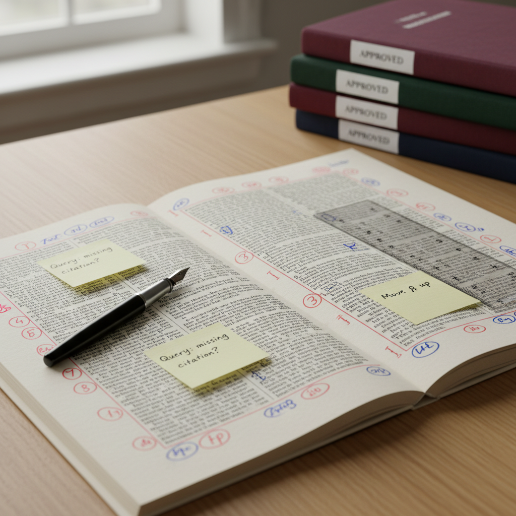 A close-up of a printed manuscript spread across a smooth, pale oak table, every margin marked with precise red and blue proofreading symbols. A transparent ruler, sticky notes with neatly written corrections, and a sleek black fountain pen rest on the pages. In the background, slightly out of focus, lies a tidy stack of approved, bound documents with colored spine labels. Soft, overcast window light washes over the paper, enhancing the texture of the fibers and the crispness of the ink. Shot from a slightly elevated angle with sharp focus on the annotated lines, the atmosphere is meticulous, orderly, and reassuringly thorough, emphasizing professional proofreading accuracy in a realistic photographic style.