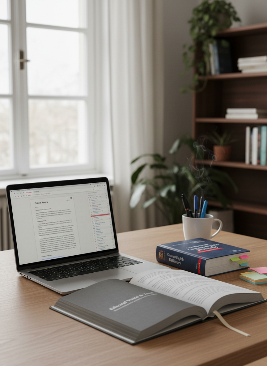 A meticulously arranged wooden desktop featuring an open hardcover style guide, a silver laptop displaying a clean document with tracked changes, and a bilingual German-English dictionary with color-coded tabs. Fine-tipped pens and adhesive page markers sit neatly beside a minimalist ceramic mug of tea. The scene is set near a tall window with soft, diffused daylight creating gentle reflections on the laptop surface and subtle shadows along the page edges. Photographed at eye level with a slight angle, using shallow depth of field to keep the central tools crisp while the background bookshelf fades into a soft blur. The mood is professional, calm, and focused, with a clean, modern, photographic realism that reflects high-end editorial services.