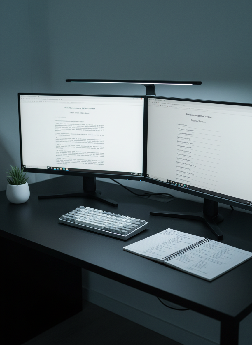 A minimalist dual-monitor workstation displaying a German document on one screen and its English translation on the other, perfectly aligned line by line. The screens sit on a matte black desk with a compact mechanical keyboard, slim notepad filled with translation glossaries, and a small, unobtrusive desk plant in a white pot. Cool, even LED desk lighting illuminates the setup, creating subtle reflections on the monitor bezels and a soft gradient on the wall behind. Captured from a three-quarter angle with medium depth of field, everything vital remains in focus. The mood is precise, efficient, and contemporary, highlighting professional German-English translation work in clean, modern, photographic realism suitable for a business-focused website.